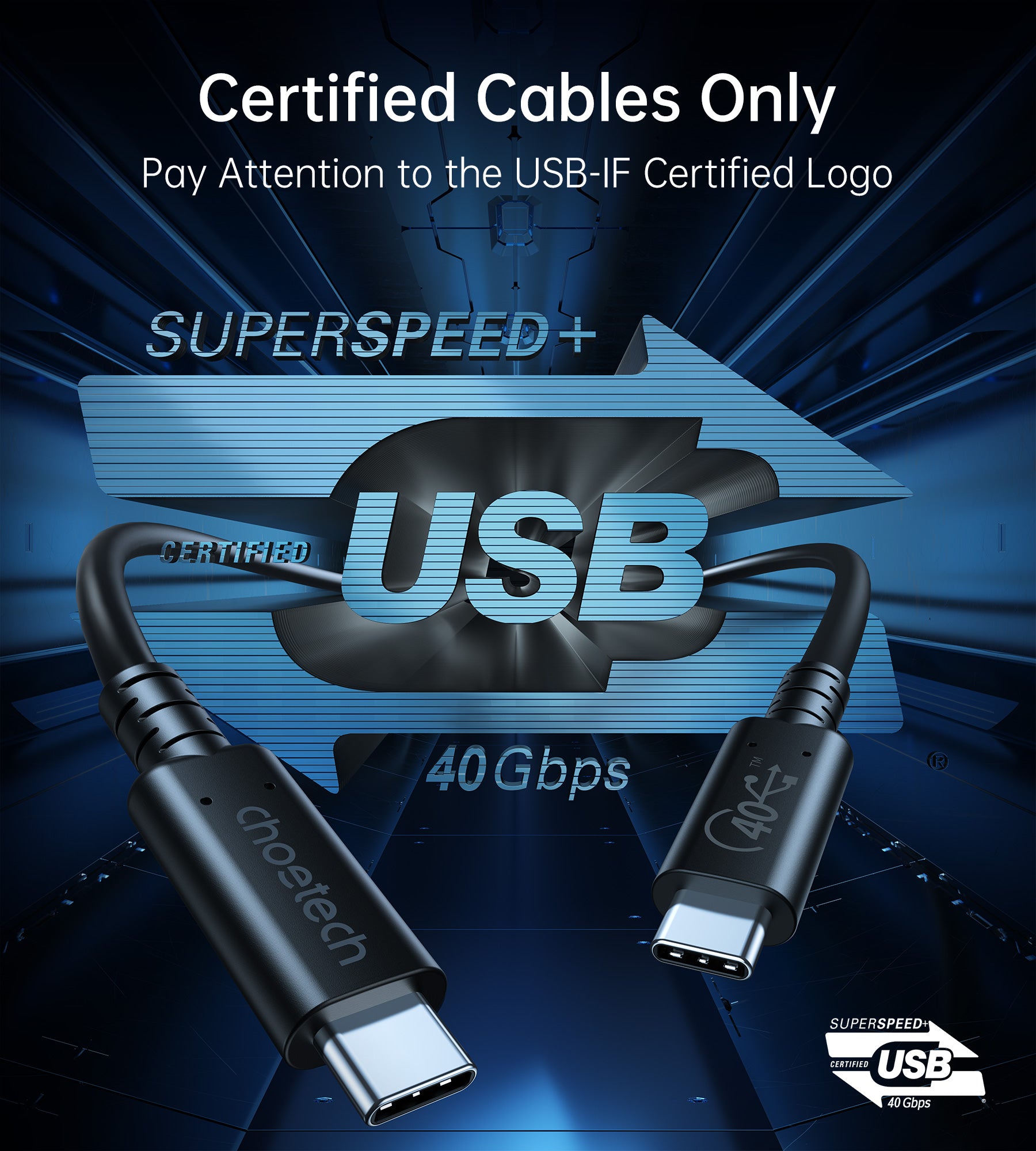 Choetech USB-C To USB-C USB 240W 40Gbps / 8K 1m Cable – Black – XCC-1028