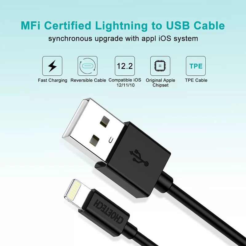 Choetech USB to Lightning Cable Apple Mfi Certified (1.8m/5.9ft) – Black – IP0027