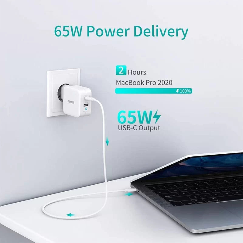 Choetech 65W 2-Port PD Charger GaN Tech USB C Foldable Fast Charging Adapter – EU Plug – White – PD8002