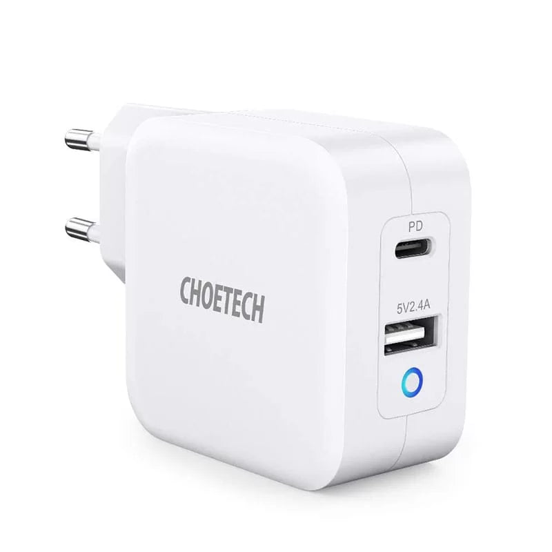 Choetech 65W 2-Port PD Charger GaN Tech USB C Foldable Fast Charging Adapter – EU Plug – White – PD8002