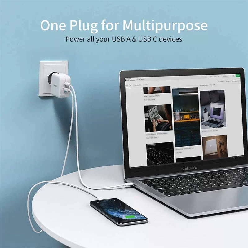 Choetech 65W 2-Port PD Charger GaN Tech USB C Foldable Fast Charging Adapter – EU Plug – White – PD8002