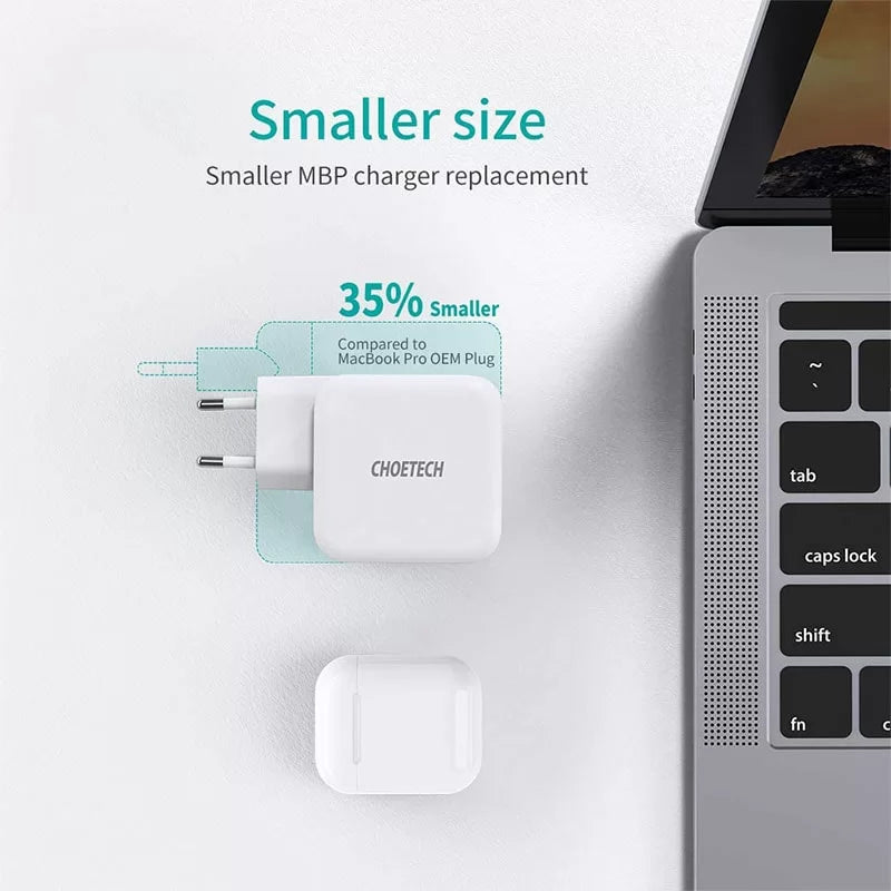 Choetech 65W 2-Port PD Charger GaN Tech USB C Foldable Fast Charging Adapter – EU Plug – White – PD8002