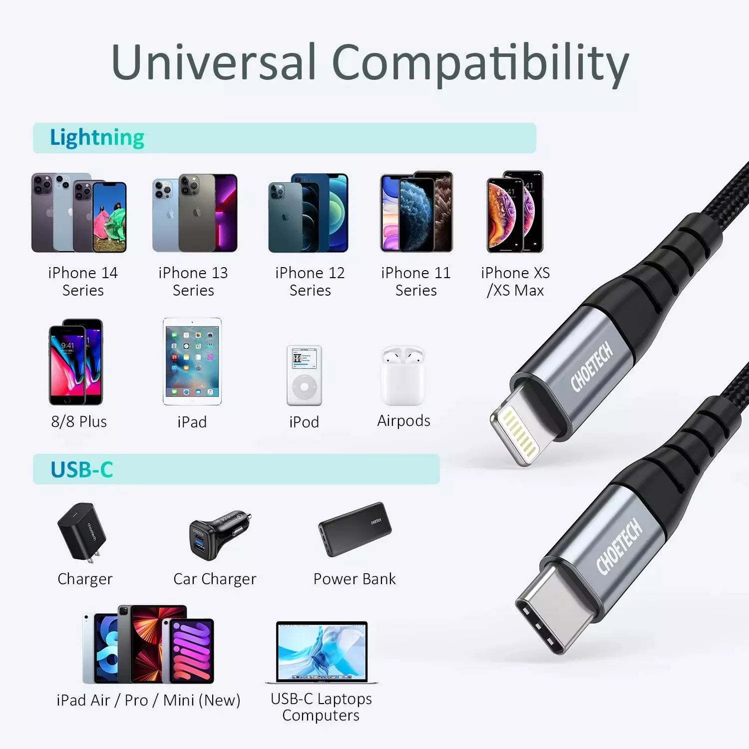 Choetech USB-C to Lightning Nylon BraidedMFi Certified Cable (1.2m/3.9ft) – Black – IP0039