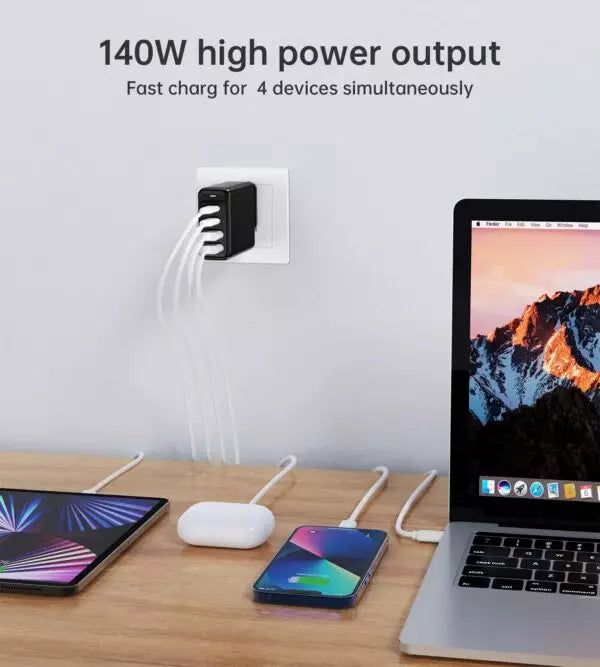 Choetech 140W 4-Port Quick Charging GaN Wall Charger 2x USB-C 2x USB-A – Black – PD6005