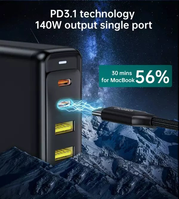 Choetech 140W 4-Port Quick Charging GaN Wall Charger 2x USB-C 2x USB-A – Black – PD6005