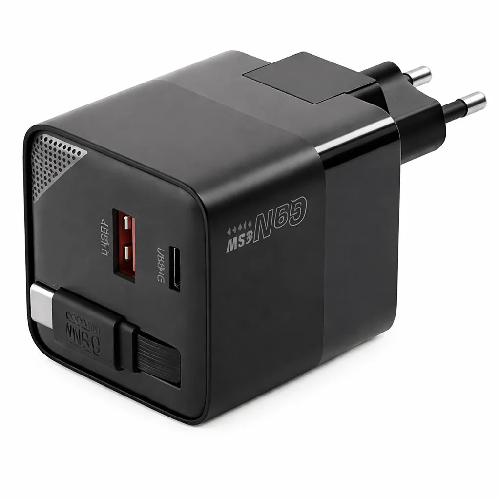 Choetech 65W GaN Charger EU with Built in Retractable Cable – Black – PD6091