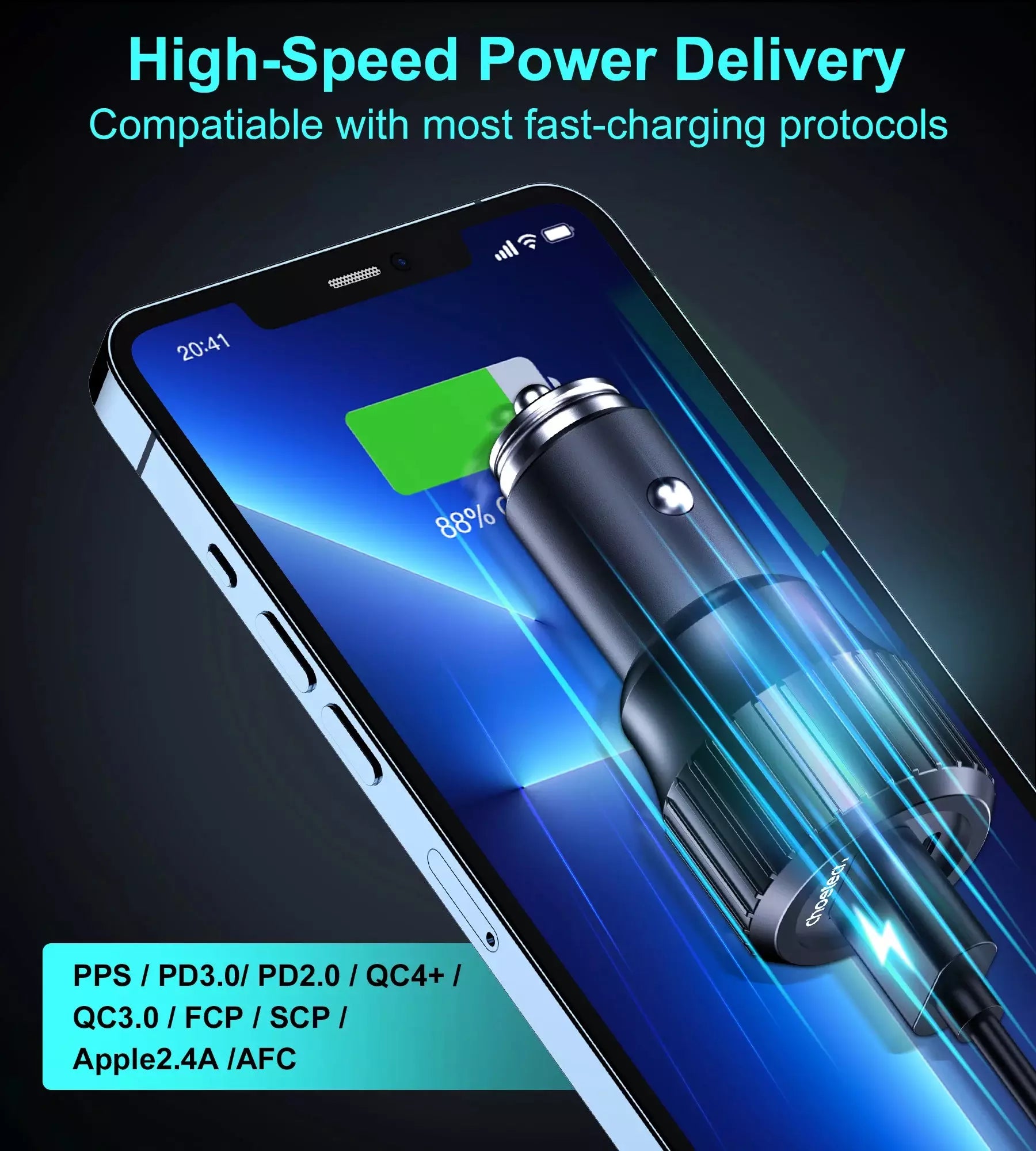 Choetech 63W Dual USB-C 45W + 18W Fast Car Charger – Black – TC0010