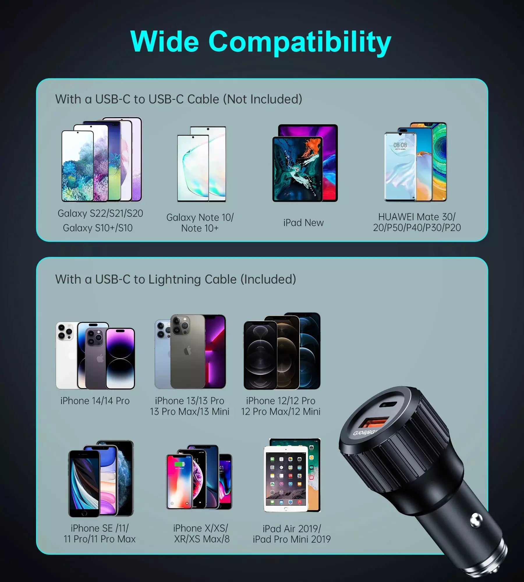 Choetech 63W Dual USB-C 45W + 18W Fast Car Charger – Black – TC0010
