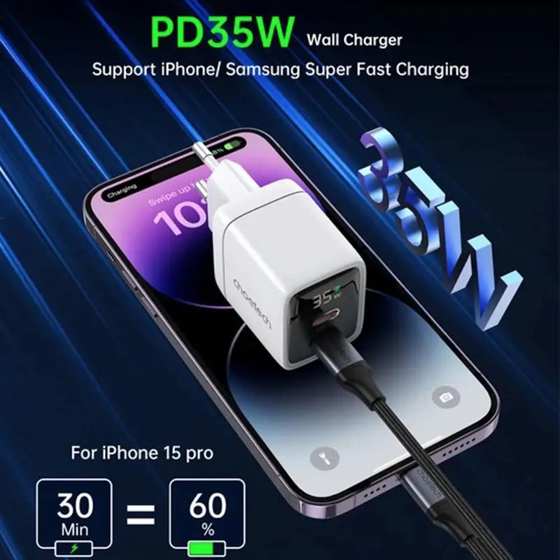 Choetech 35W Gan Wall Charger 2x USB-C PD with Display – PD6051 – White