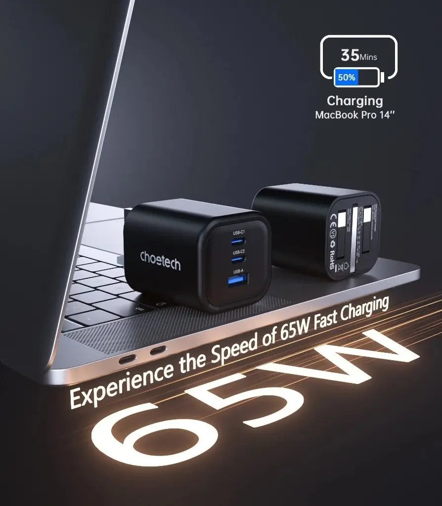 Choetech 65W 2A1C GaN Wall Charger UK – Black – PD3068