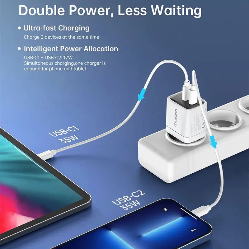Choetech 35W Gan Wall Charger 2x USB-C PD with Display – PD6051 – White