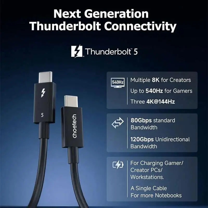 Choetech 240W Thunderbolt 5 Type-C to Type-C High Speed 8K Cable 1M – Black – A3011