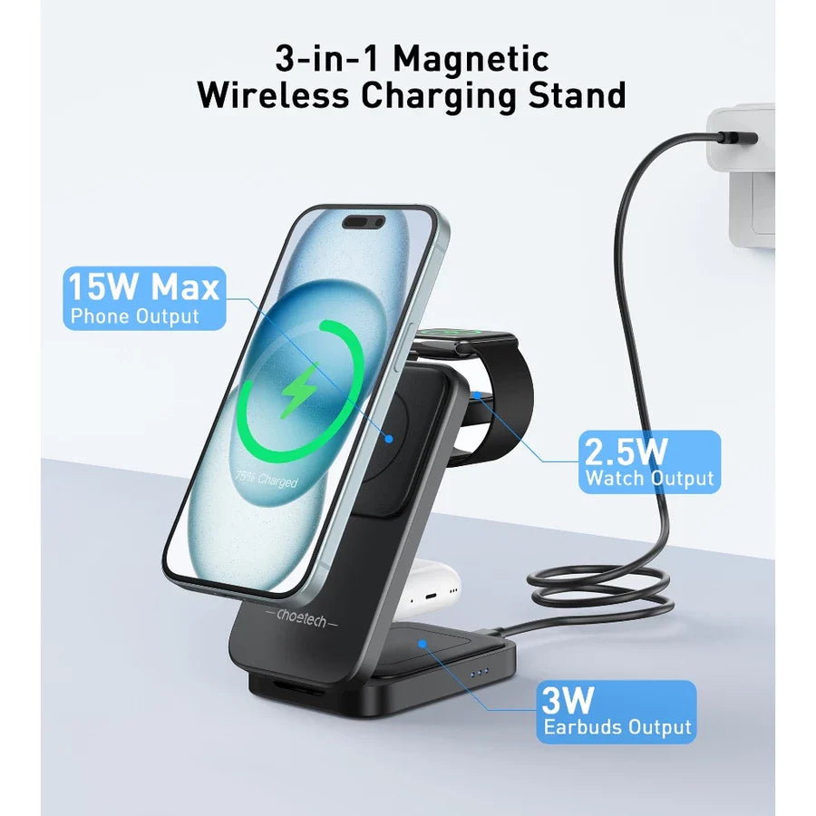 Choetech 3-in-1 Magnetic Wireless Charger 15W – T611F – Black
